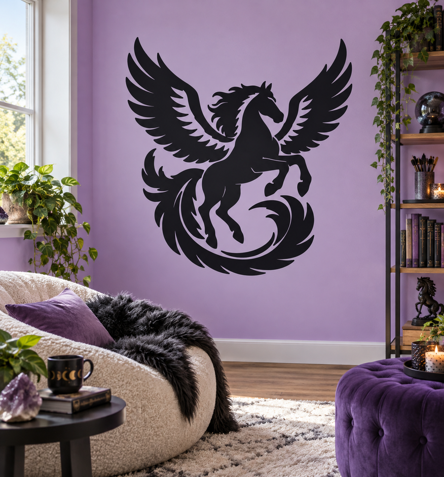 Black Pegasus feather spiral vinyl decal with wings and tail swirl