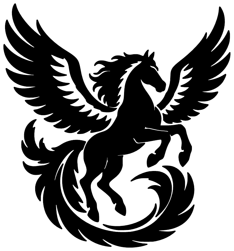 Black pegasus with outspread wings in feather spiral vinyl decal