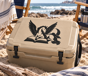 Pegasus vinyl decal: black winged horse reading an open book on a case