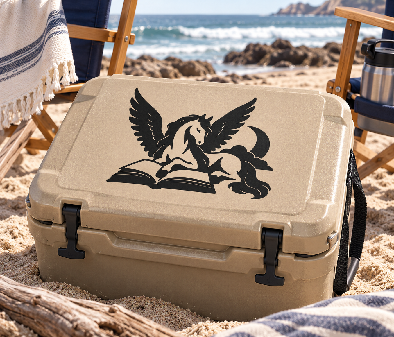 Pegasus vinyl decal: black winged horse reading an open book on a case
