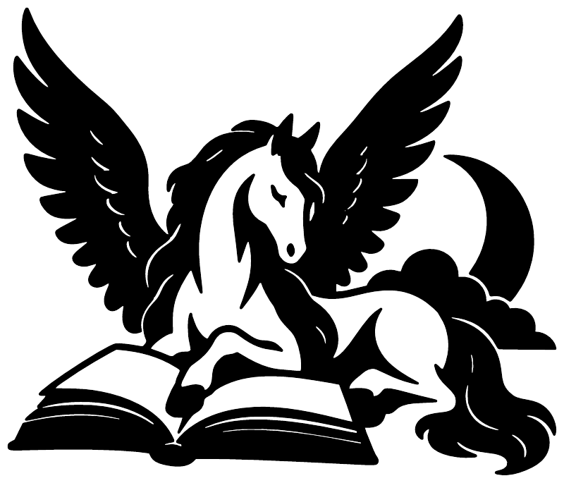 Pegasus vinyl decal showing a black winged horse reading an open book