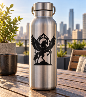 Gothic arch pegasus wing vinyl decal, black silhouette on bottle front