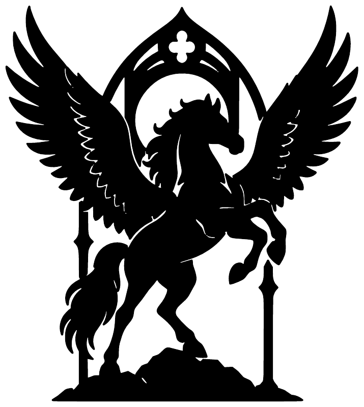 Gothic arch wings vinyl decal with black pegasus silhouette and staff