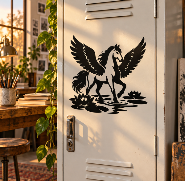 Pegasus vinyl decal: black winged horse with water lily and ripples