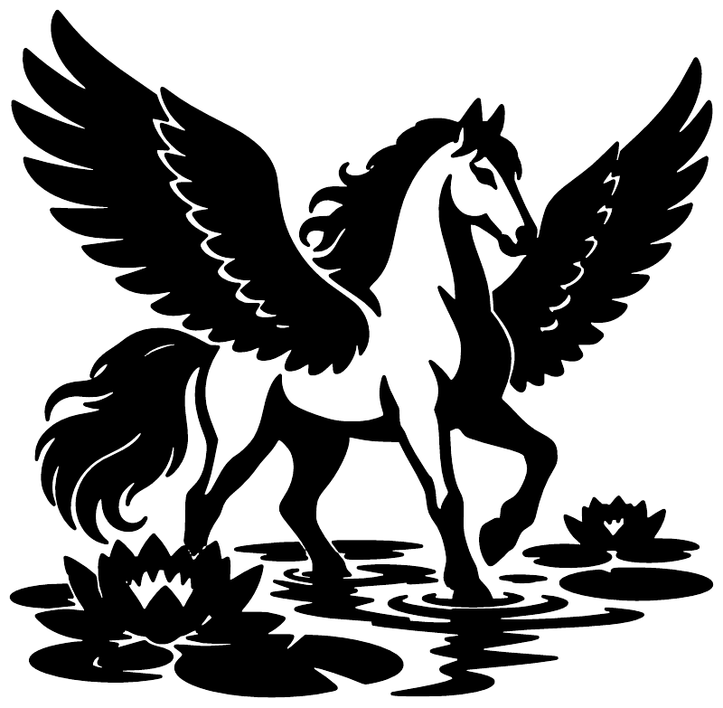 Pegasus vinyl decal silhouette with wings, water lilies, and splash ripples