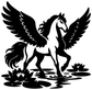 Pegasus vinyl decal silhouette with wings, water lilies, and splash ripples