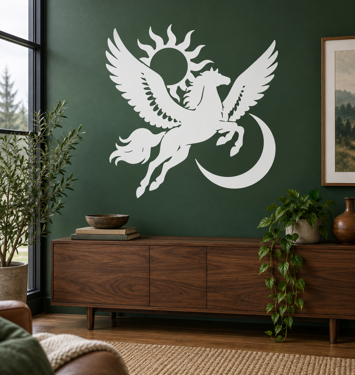 White pegasus vinyl decal with wings, sun and crescent moon for wall decor