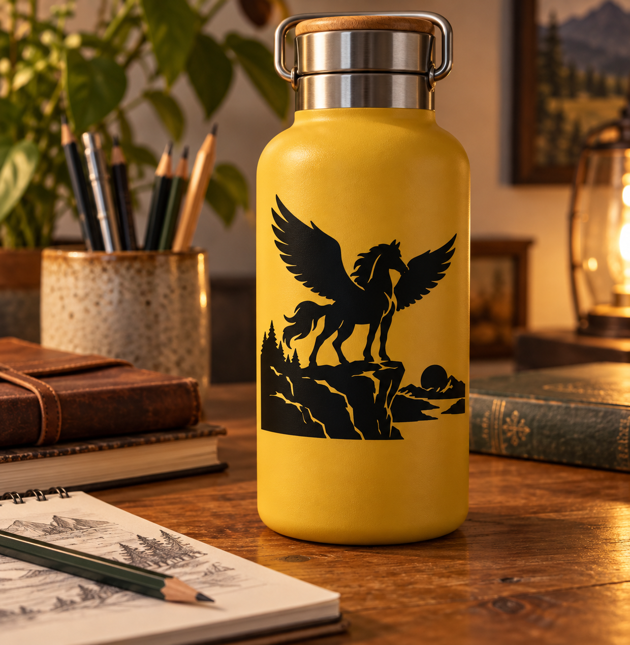PegasusCX026 pegasus vinyl decal, black winged horse on cliff with mountain landscape