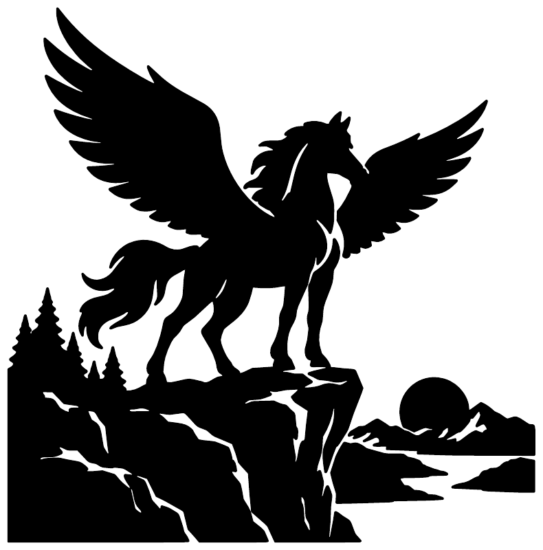 PegasusCX026 pegasus vinyl decal, black silhouette winged horse on rock cliff and trees