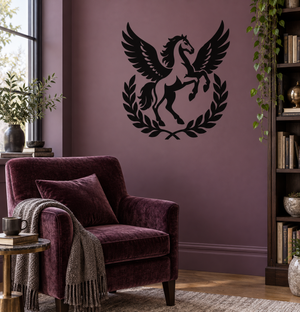 Black pegasus wing crest vinyl decal with laurel wreath and birdlike wings