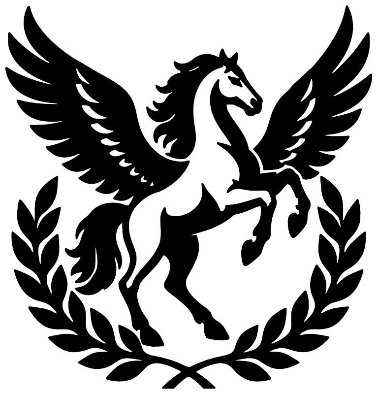 Close-up black pegasus wing crest vinyl decal with laurel wreath outline