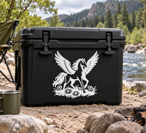 Pegasus meadow vinyl decal: white winged horse with flowers on black surface