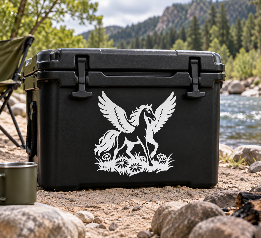 Pegasus meadow vinyl decal: white winged horse with flowers on black surface