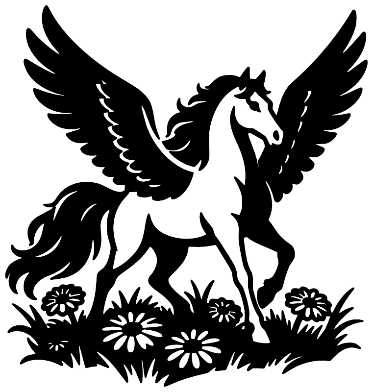 Winged Pegasus vinyl decal in white with grass and daisy flowers, black outline