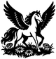 Winged Pegasus vinyl decal in white with grass and daisy flowers, black outline
