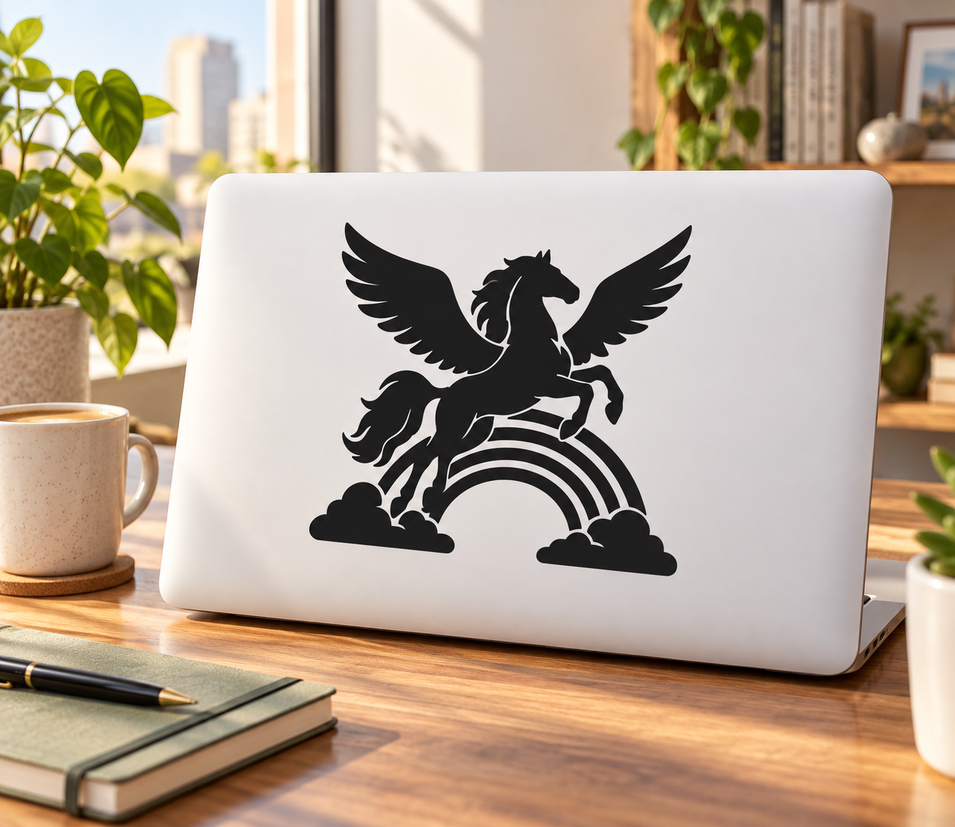Black pegasus vinyl decal with wings and rainbow arc, shown on a laptop