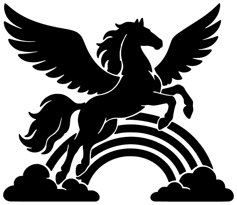 Black pegasus vinyl decal with spread wings, rainbow arc and clouds