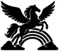 Black pegasus vinyl decal with spread wings, rainbow arc and clouds