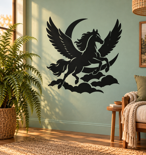 Pegasus vinyl decal with spread wings and dark clouds