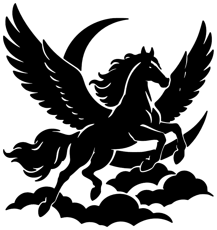 Pegasus vinyl decal close-up with wings, mane detail, and clouds