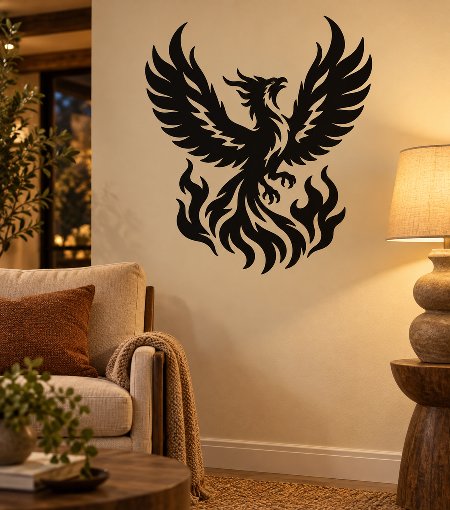 Rising flame phoenix vinyl decal, black phoenix with wings and fire flames