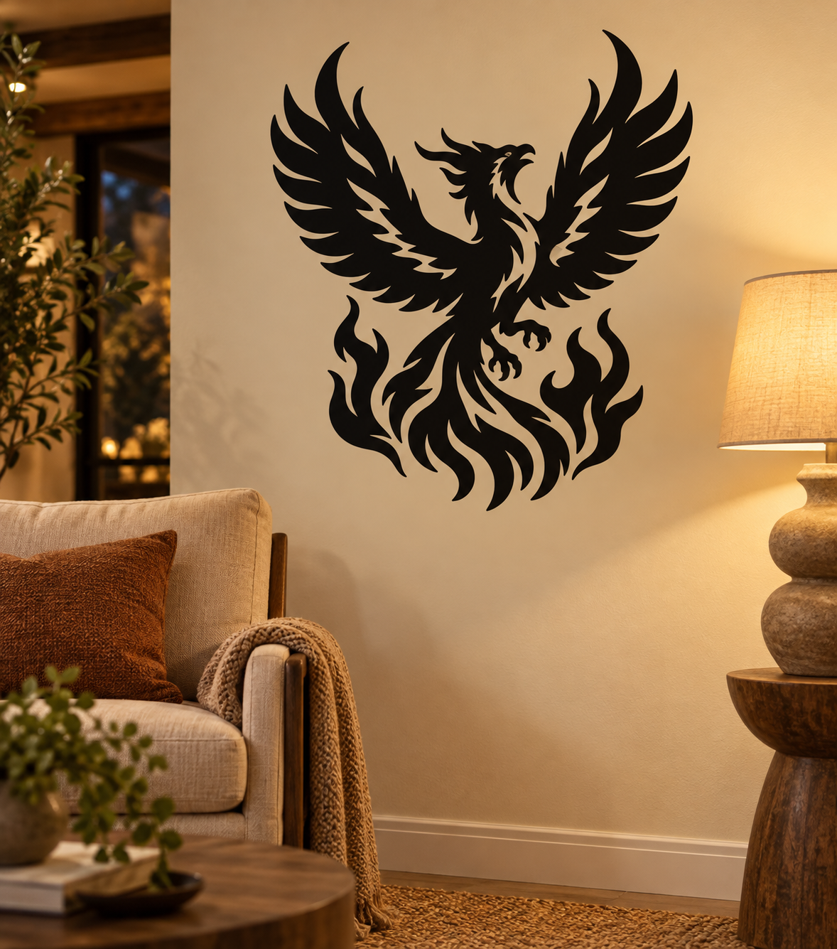 Rising flame phoenix vinyl decal, black phoenix with wings and fire flames