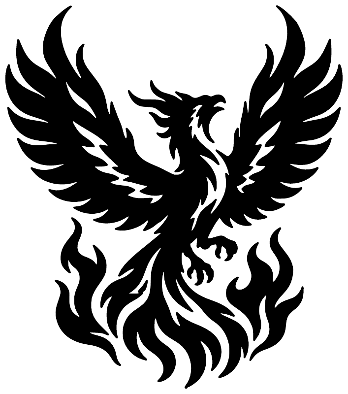 Black flame phoenix vinyl decal, spread-wing phoenix with fiery details
