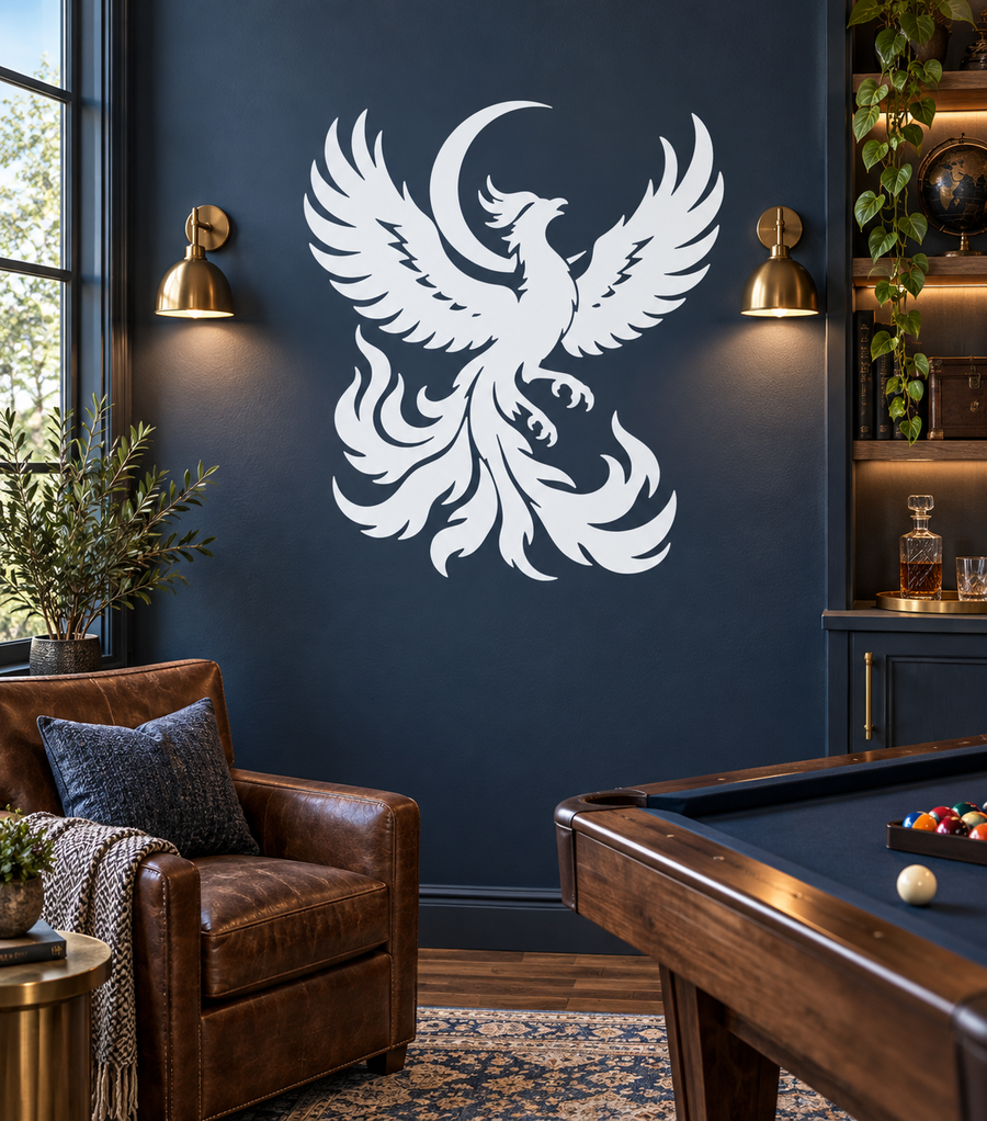 White phoenix wing vinyl decal with stylized bird and flame shapes, wall-ready sticker