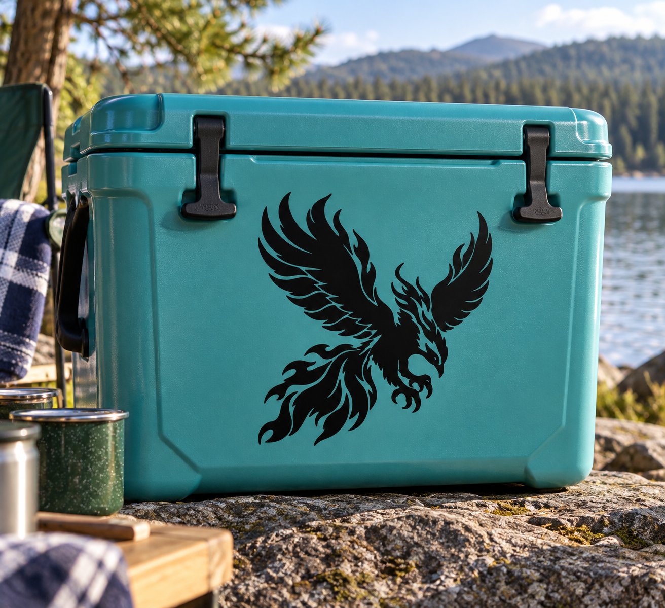 Black phoenix firebird vinyl decal on turquoise cooler lid, centered between latches.