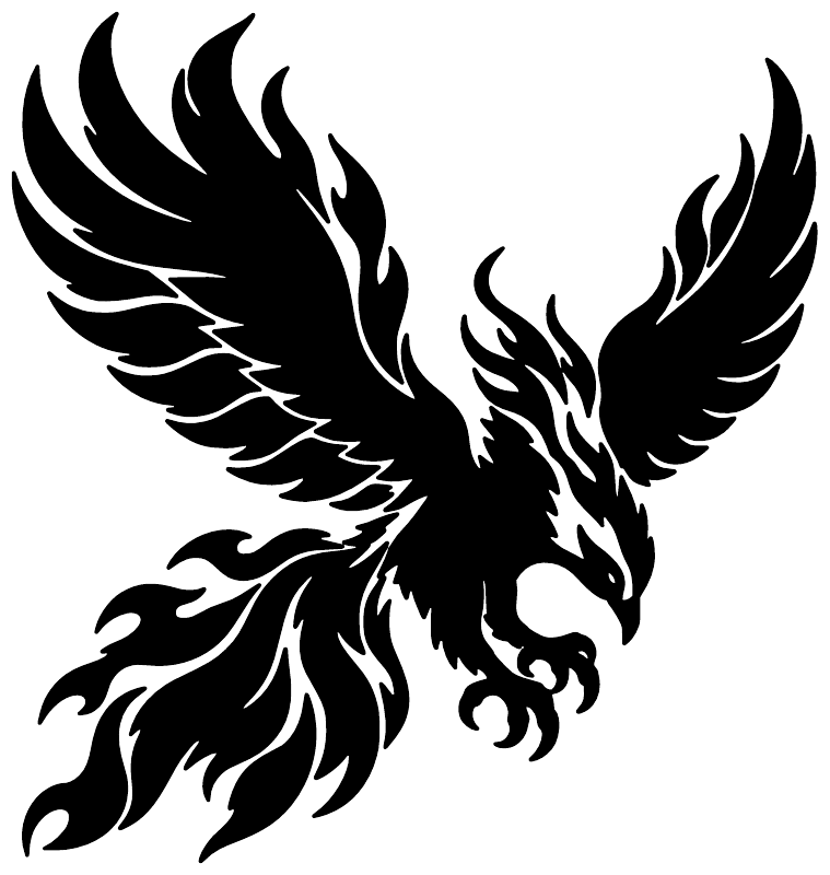Black phoenix firebird vinyl decal with flame-like wings and tail on white background.