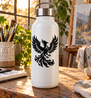 White bottle with black phoenix flame feather vinyl decal