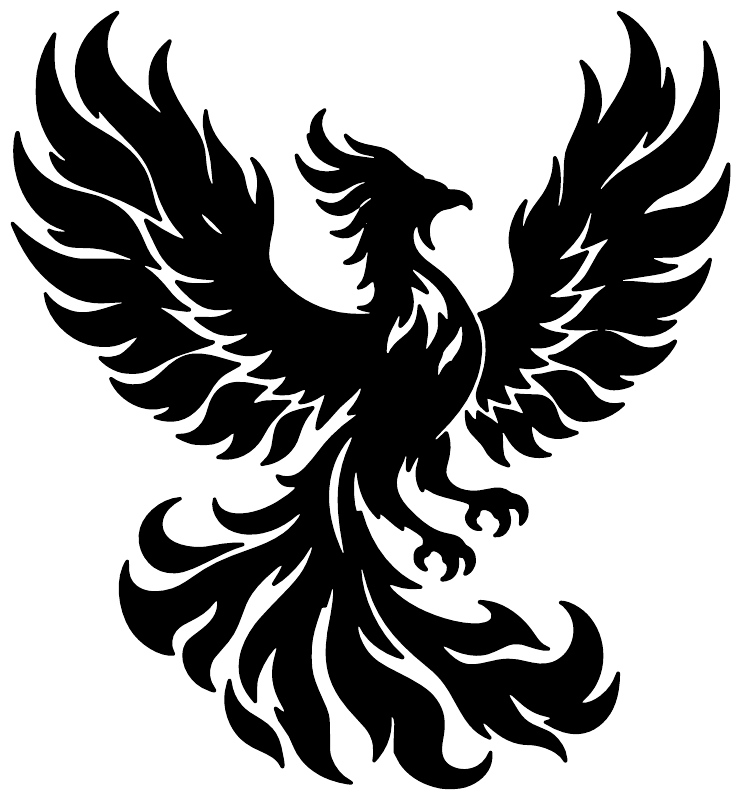 Black phoenix flame feather vinyl decal, winged bird with fiery head