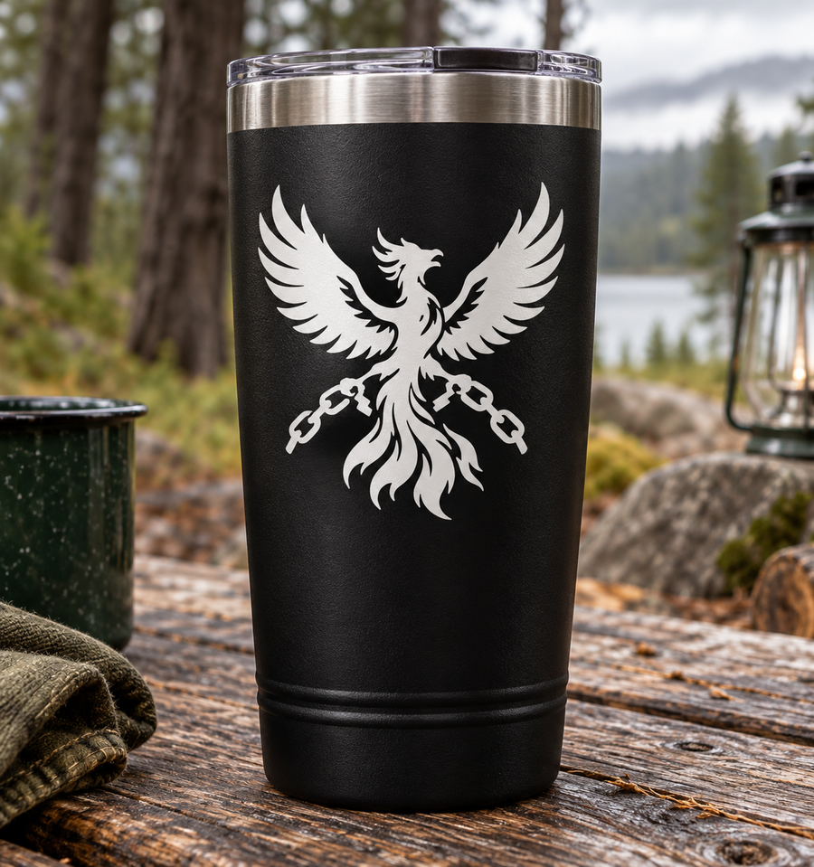 Phoenix vinyl decal with wings and broken chain emblem on a black tumbler
