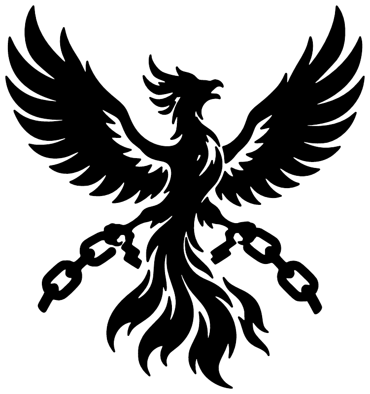 Phoenix vinyl decal featuring raised-wing bird with broken chain icon