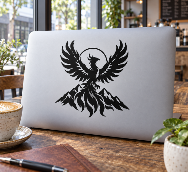 Black phoenix wings vinyl decal with circular emblem and mountain flames center