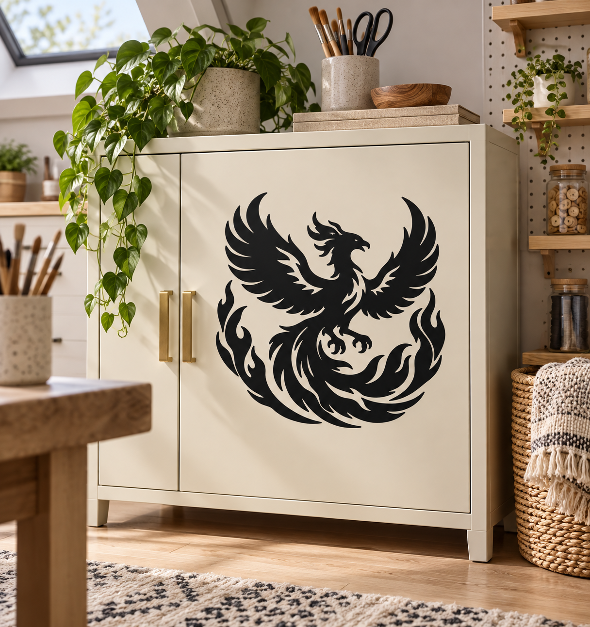 Vinyl phoenix decal: black phoenix with circular tail flames on light background
