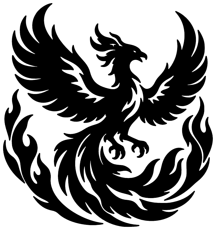 Vinyl phoenix decal close-up with black wings and flames forming a circular tail