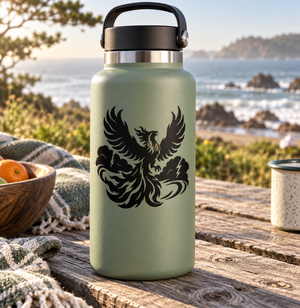 Phoenix and flames vinyl decal on a light green bottle