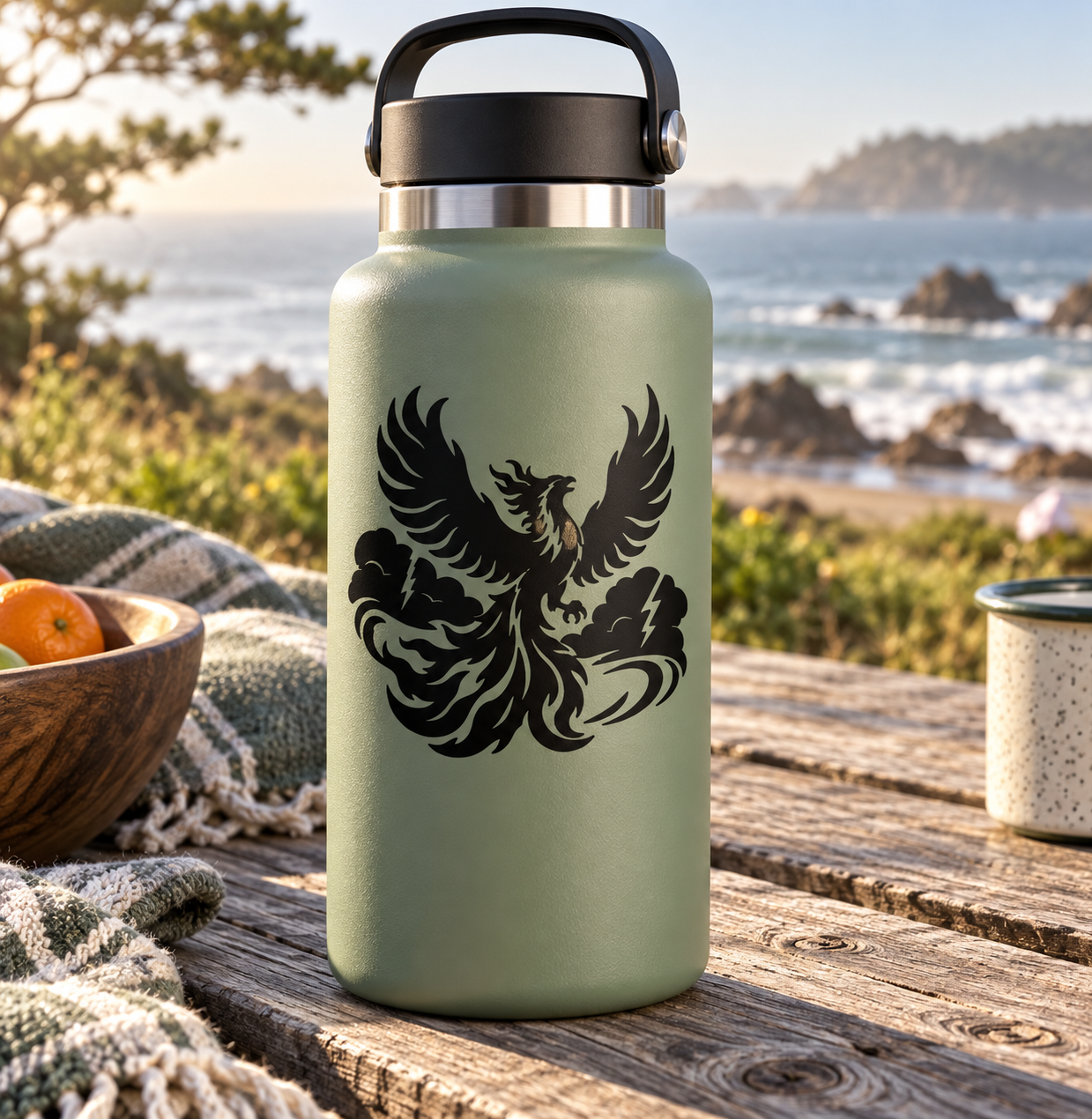 Phoenix and flames vinyl decal on a light green bottle