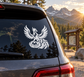 White phoenix flame vinyl decal on a dark vehicle window