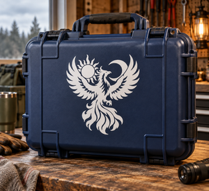 Phoenix vinyl decal design with sun and moon symbols, centered on dark blue surface