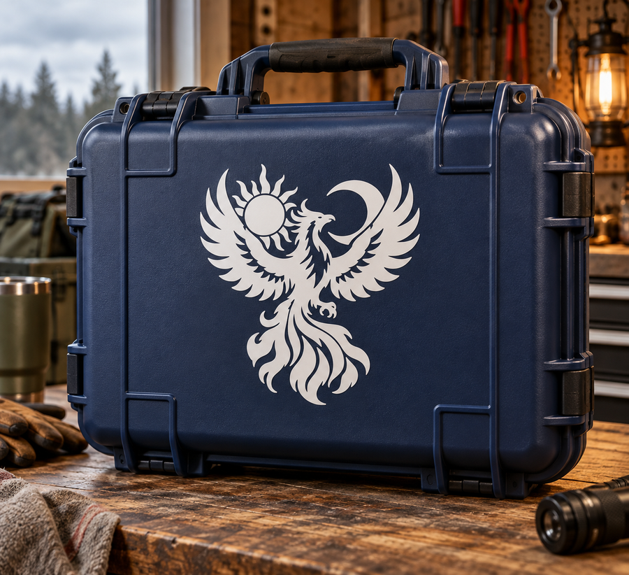 Phoenix vinyl decal design with sun and moon symbols, centered on dark blue surface