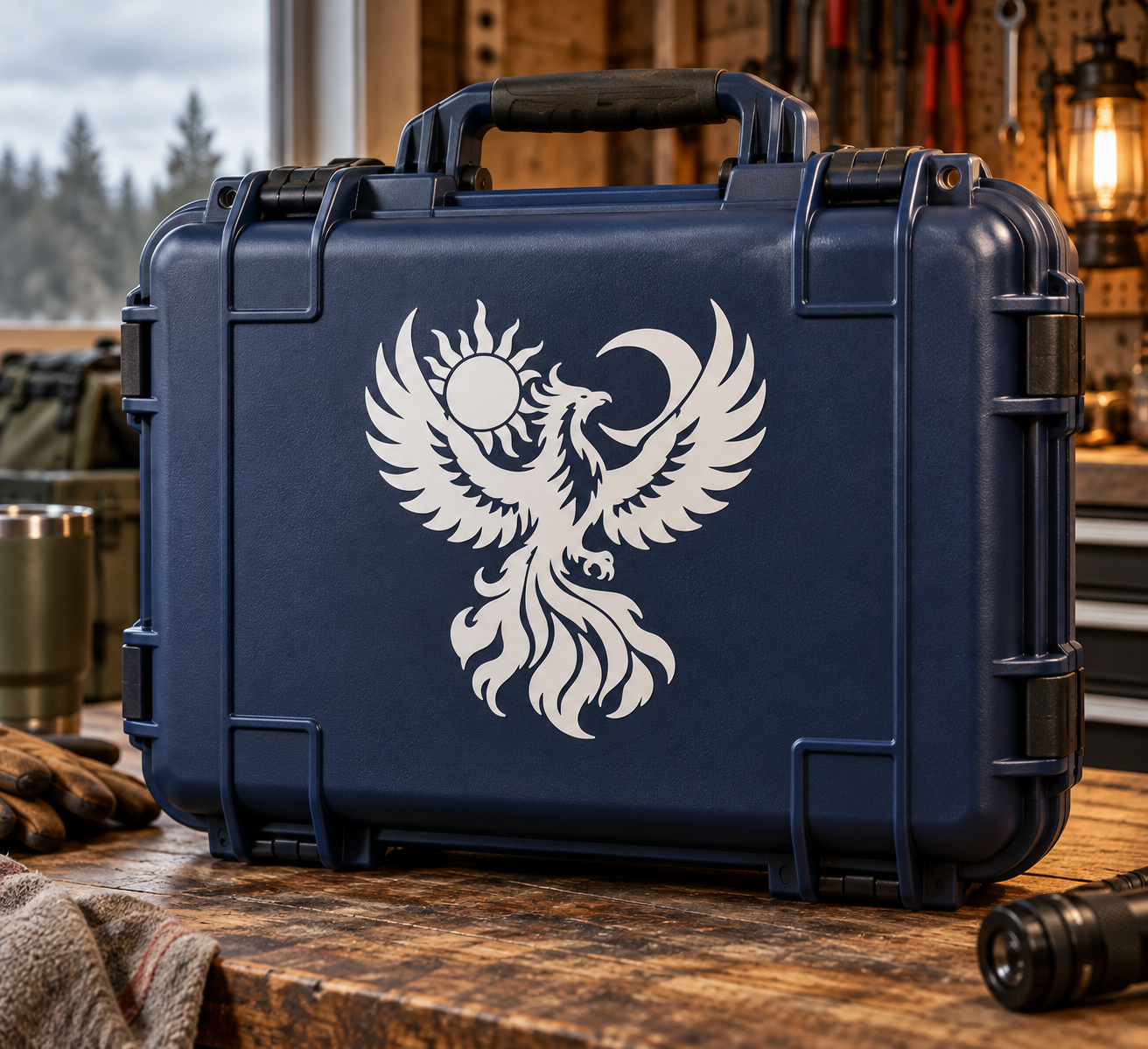 Phoenix vinyl decal design with sun and moon symbols, centered on dark blue surface