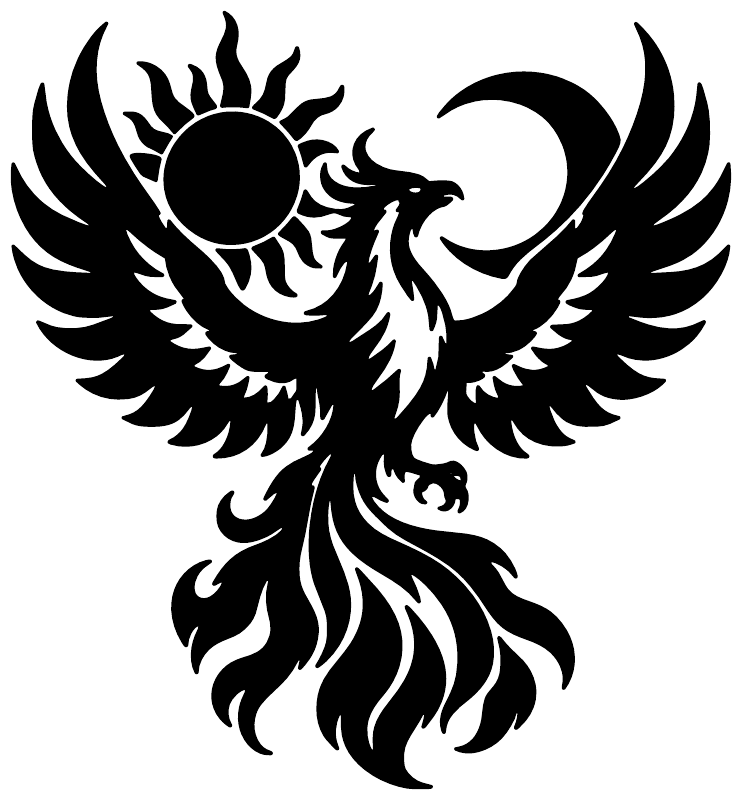 Sun and moon phoenix vinyl decal in black and white, winged emblem on white background