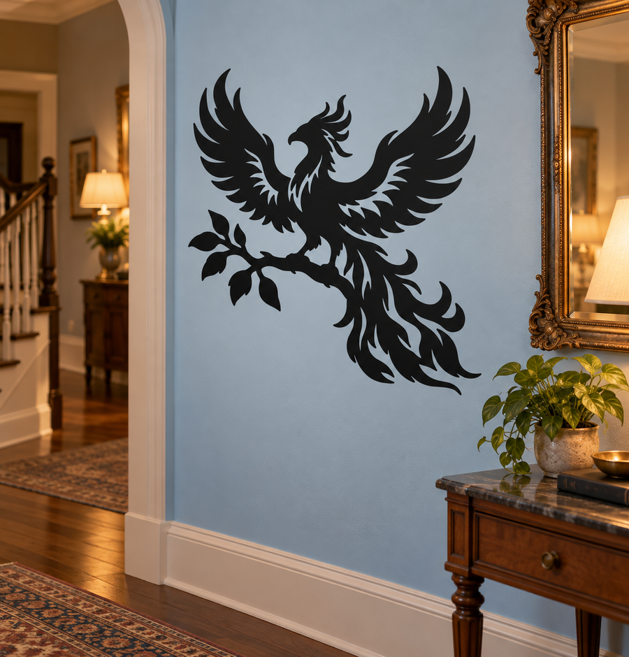 Black phoenix with wings spread on a branch vinyl decal