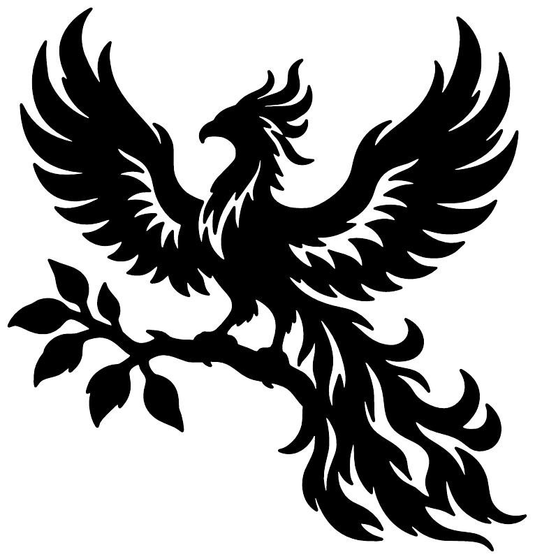 Large black phoenix on branch vinyl decal, wings and tail spread
