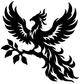 Large black phoenix on branch vinyl decal, wings and tail spread