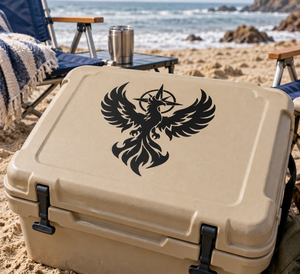 Phoenix flame emblem vinyl decal, black phoenix with wings and flames on tan surface