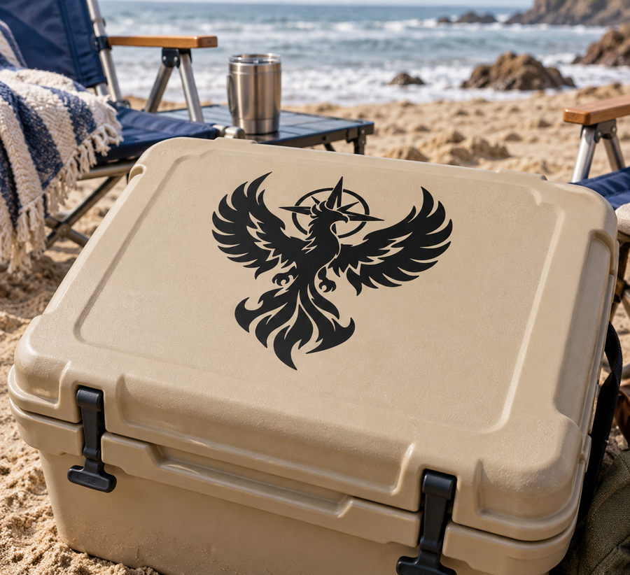 Phoenix flame emblem vinyl decal, black phoenix with wings and flames on tan surface