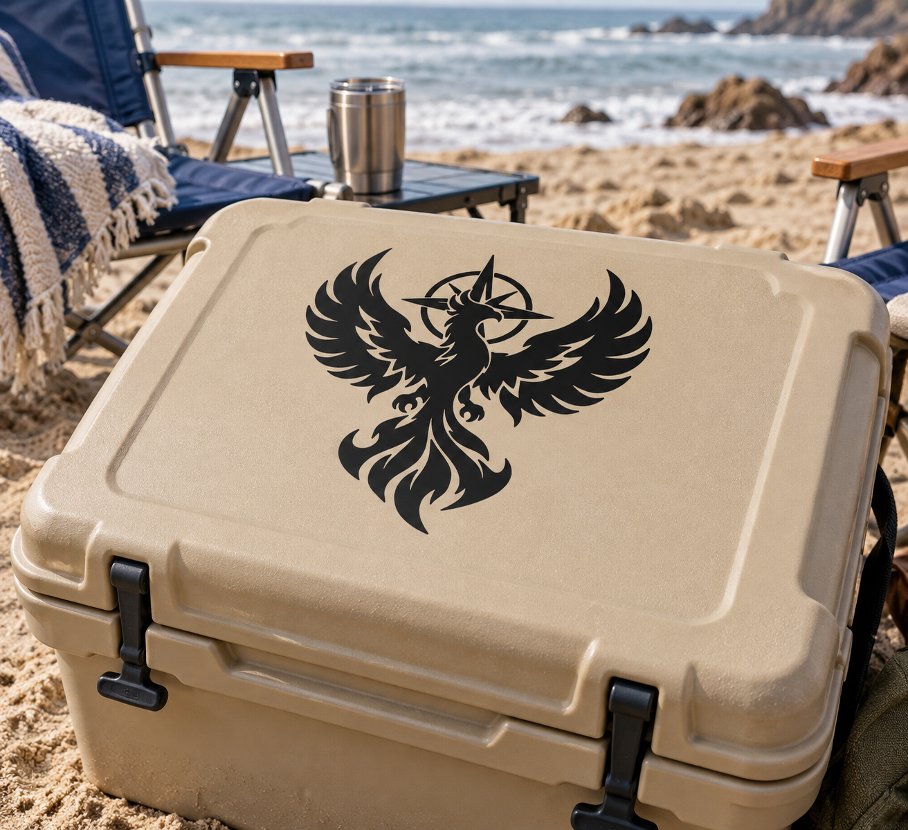 Phoenix flame emblem vinyl decal, black phoenix with wings and flames on tan surface